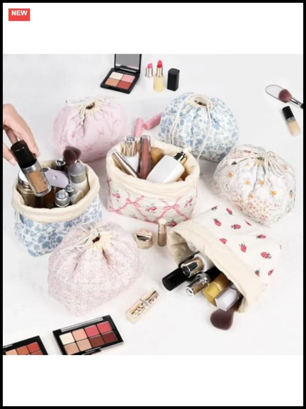 Quilted Drawstring Makeup Bag Canvas Cosmetic Pouch Travel Organizer
